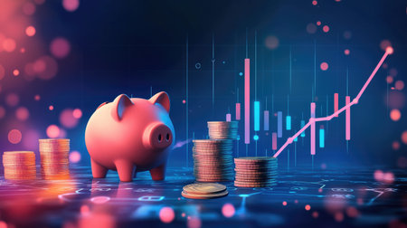 Business concept background featuring a piggy bank, coin stacks, and a graph, symbolizing financial growth, savings, and successful investment.の素材
