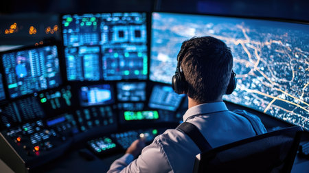 Logistics fleet efficiency: Control room overseeing a fleet of aircraft, emphasizing the role of efficient fleet management in aerial logistics.の素材