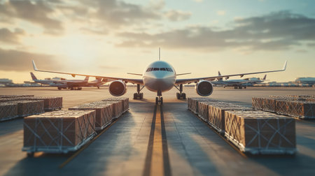 Complex air cargo logistics: Multiple cargo planes in operation, emphasizing the complexity and coordination in aerial logistics.の素材