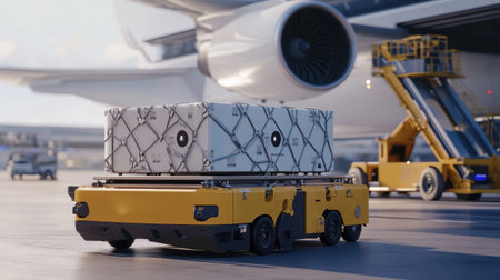 Automated cargo handling: Robotic systems loading cargo onto an aircraft, highlighting automation in enhancing aerial logistics efficiency.の素材