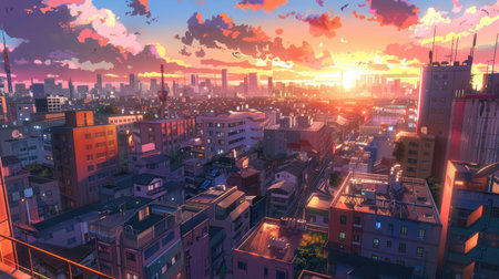 A bustling cityscape with towering anime-style apartment buildings under a sunset sky, featuring vibrant colors and detailed architectureの素材