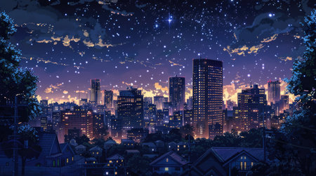 A nighttime scene of illuminated anime apartment buildings, showcasing city lights and stars twinkling in the sky aboveの素材
