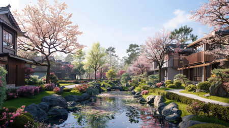 A serene countryside setting with traditional Japanese-style apartment buildings amidst tranquil gardens and cherry blossom trees in full bloomの素材