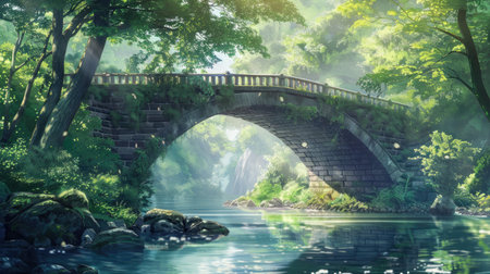 Anime-style depiction of a majestic stone bridge spanning a tranquil river, surrounded by lush greenery and soft sunlightの素材