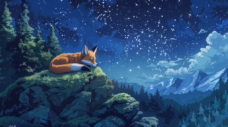 Anime-style illustration of a serene nine-tailed fox resting on a mossy rock in a tranquil mountain clearing, under a starry night skyの素材