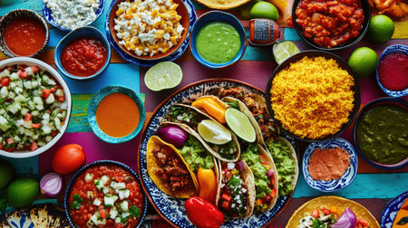Overhead shot of a vibrant table filled with Mexican tacos, surrounded by colorful side dishes and sauces, creating a feast for the eyesの素材