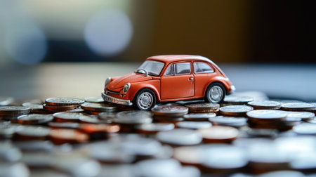 Toy car surrounded by coins, symbolizing car insurance, financial planning, and the economics of buying and selling vehiclesの素材