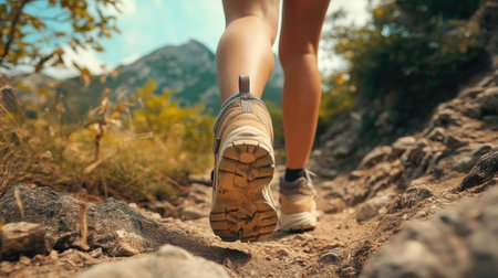 Close-up of a female hiker legs, wearing sturdy sports shoes, navigating a rocky mountain trail, emphasizing the adventure and challenge of hikingの素材