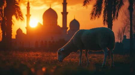 A serene moment as a sheep grazes near a mosque at sunset, highlighting the essence of Eid al-Adha celebrations.の素材