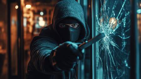 A masked burglar with a crowbar, preparing to shatter a glass window, symbolizing crime and the threat of home invasionの素材