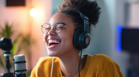 A happy young woman in a podcast studio, laughing while recording an episode, capturing the energy and fun of creating content for her audienceの素材