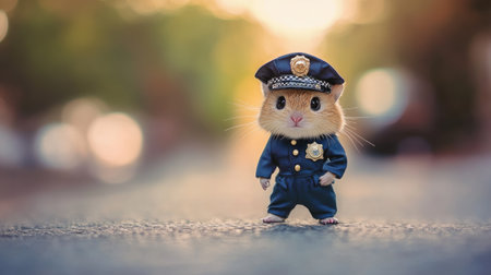 Small animal in a police officer uniform and hat, posing as a miniature guardian of the law in this endearing shotの素材