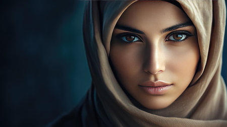 A portrait of an Islamic woman in a hijab, with a calm and peaceful demeanor, celebrating cultural heritage.の素材
