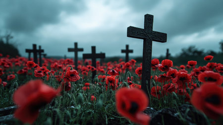 A field of poppies surrounds soldiers' graves with crosses, creating a touching Remembrance Day scene.の素材
