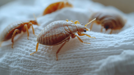 Close-up of a bed bug infestation on white fabric, with multiple bugs visible crawling on the surface, highlighting the severity of the issueの素材