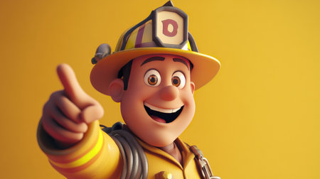 A cheerful 3D firefighter character, pointing with enthusiasm, rendered in a playful and engaging style.の素材