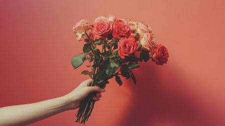 A graceful hand holding a bouquet of roses, set against a single color backdrop, highlighting the beauty of the flowersの素材