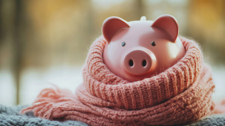 A pink piggy bank bundled in a warm scarf, representing the financial burden of rising winter heating costs.の素材