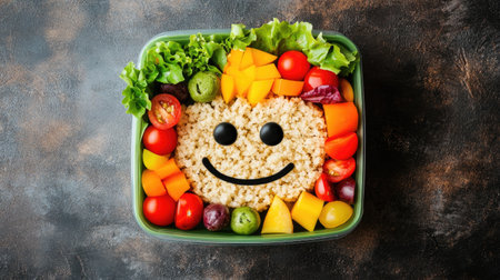 A packed lunch for a child, seen from above, with food elements forming a cute smiling face, making mealtime fun.の素材