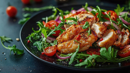 A mouthwatering fried chicken salad, garnished with rocket, tomatoes, and red onions, beautifully plated on a dark surface, perfect for a gourmet meal concept.の素材