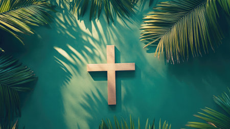 An overhead view of a religious cross placed alongside palm leaves, creating a serene and spiritual Easter Palm Sunday background.の素材