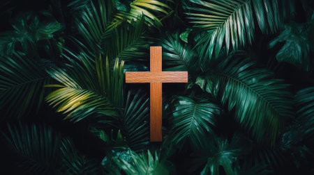 An overhead view of a religious cross placed alongside palm leaves, creating a serene and spiritual Easter Palm Sunday background.の素材
