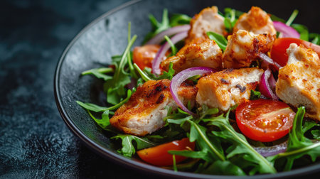 Fried chicken salad with rocket, tomatoes, and red onions, elegantly presented on a dark background, creating a contrast that makes the dish pop.の素材