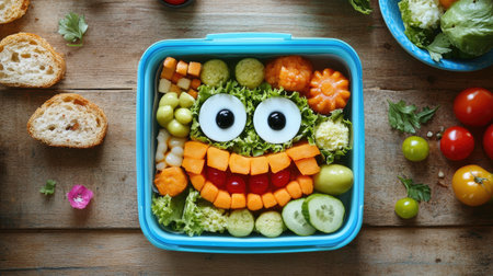 Overhead view of a child lunchbox, with food artistically arranged into a happy face, bringing joy to lunchtime.の素材