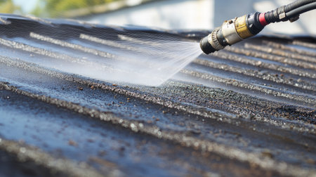 Efficient roof cleaning: A high-pressure cleaner in action, blasting away dirt and debris from a roof, demonstrating optimal cleanliness for effective maintenance.の素材