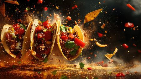 An action-packed image of Mexican tacos with fresh ingredients, seemingly suspended in mid-air, bursting with taste and color.の素材