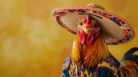 Studio shot of a cute chicken cockerel dressed in a colorful Mexican sombrero hat and traditional clothing, full of characterの素材