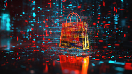 E-commerce data: A digital landscape with data streams feeding into a virtual shopping bag, symbolizing the dynamic interaction between technology and online retail.の素材