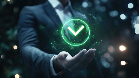 A businessman holding a digital hologram of a green compliance tick symbol, representing successful certification or audit approval.の素材