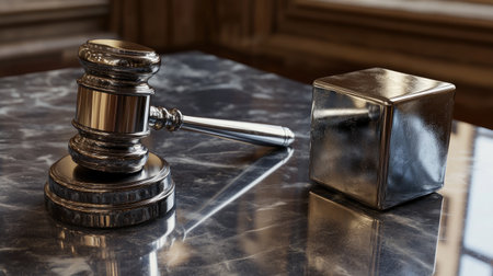 Judicial AI: A gavel and a metallic AI cube on a judge's bench, representing the fusion of justice, law, and AI technology in decision-making.の素材