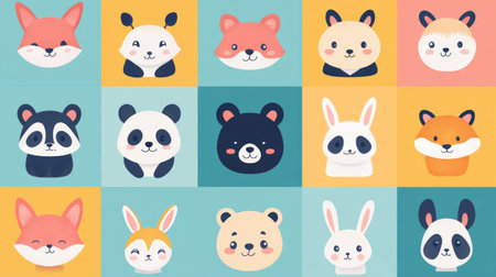 A vibrant icon set of cute animals like a fox, panda, and bunny, perfect for adding a touch of whimsy to any designの素材