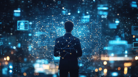 AI-driven system integration: Visual representation of AI technology seamlessly connecting various business processes and systems, highlighting digital transformation.の素材