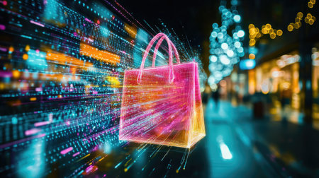 Digital shopping flow: Data streams converging into a virtual shopping bag, highlighting the role of data in enhancing online shopping experiences and consumer choices.の素材