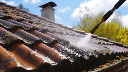 Thorough roof cleaning process: High-pressure cleaner effectively removing dirt from a roof, illustrating the benefits of using advanced cleaning tools for maintenance.の素材
