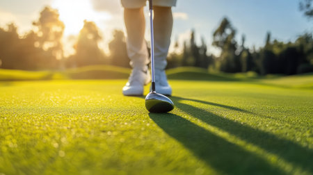 A golfer standing on a tee box with a driver, ready to take the first shot of the round.の素材