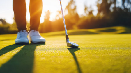 A golfer lining up a putt on a pristine green with the flagstick in view, focusing on precision and concentration.の素材