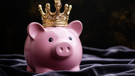 Pink piggy bank with a golden crown on top, symbolizing wealth and royal financial status. Isolated on a luxurious velvet background.の素材