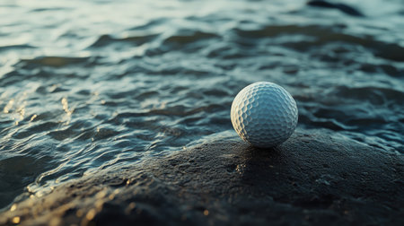 A golf ball resting near the edge of a water hazard, representing the challenges and risks of the game.の素材