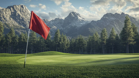 A golf flag fluttering in the wind on a green, with mountains in the background, representing the challenge of the game.の素材