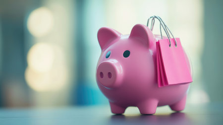 A pink piggy bank with a miniature shopping bag, representing savings for shopping and retail budgeting.の素材