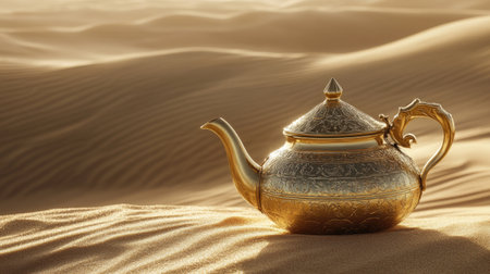 A golden teapot nestled in the desert dunes, symbolizing the richness and cultural heritage of the Orient.の素材