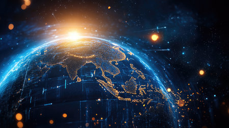 A glowing digital globe focused on Asia and the Middle East, representing international data transfer and global telecommunication.の素材