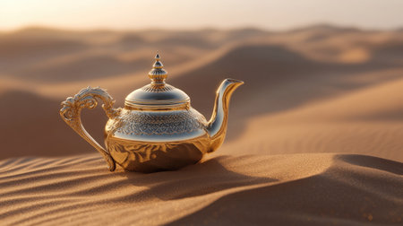 A shimmering gold teapot partially buried in the sand of endless desert dunes, evoking images of Oriental mystery.の素材