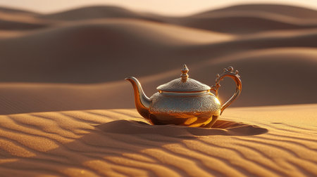 A shimmering gold teapot partially buried in the sand of endless desert dunes, evoking images of Oriental mystery.の素材