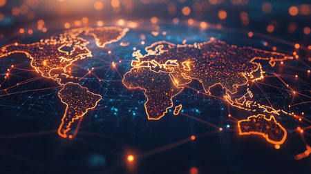 A glowing, abstract world map with lines and nodes, illustrating global network connectivity and cyber technologyの素材