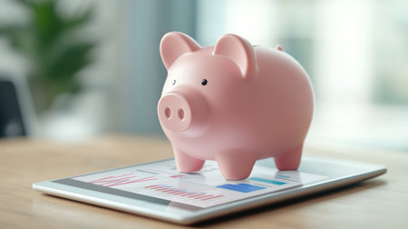 Pink piggy bank with a digital tablet showing graphs, symbolizing modern financial planning and digital savings tools.の素材